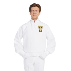 model wearing a white Marching Band Blouse with black and gold embroidery, front detail