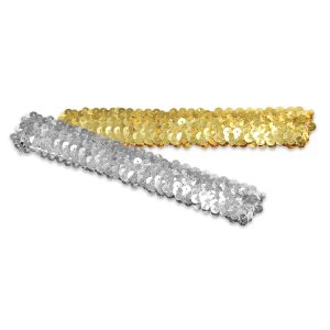 a pair of stretch sequin headbands in metallic gold and metallic silver