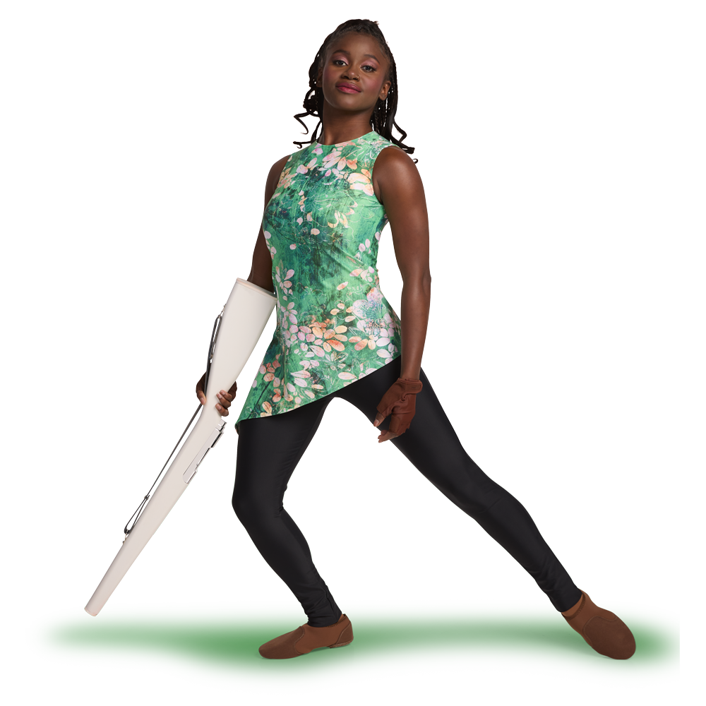 model wearing a green printed custom color guard tunic holding an ultra spring rifle